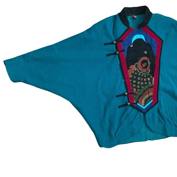 Vintage Blue Green Chinese Corduroy Embroidered Fish Sweater Jacket Sz M (apprx) - Picture 7 of 16